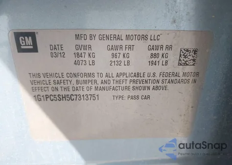 2012 Chevrolet Cruze Ls z USA, uszkodzony, nr VIN 1G1PC5SH5C7313751